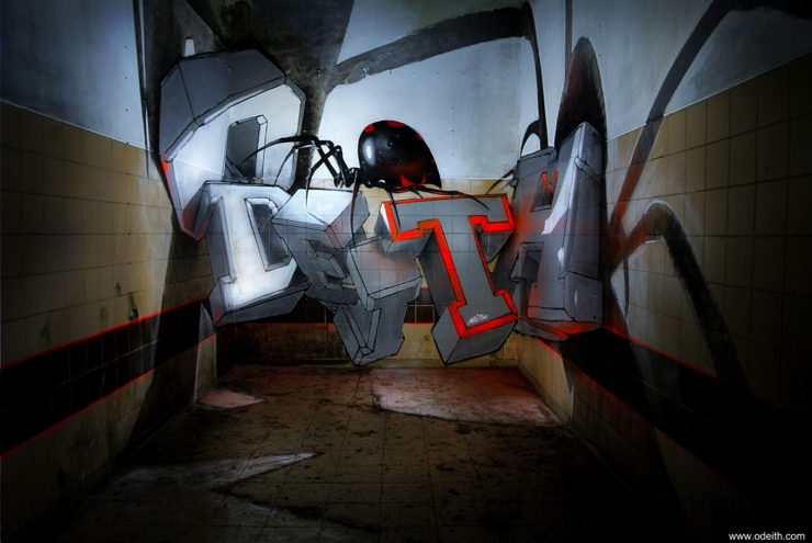 Sergio Odeith: White block graffiti letters standing black widow Sergio Odeith: White block graffiti letters standing black widow