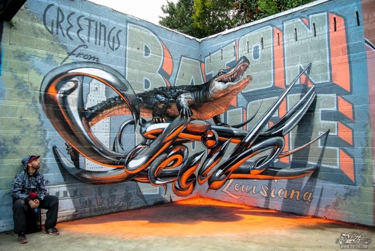 Sergio Odeith: Aligator stading on 3d chrome letters Greetings from Baton Rouge Sergio Odeith: Aligator stading on 3d chrome letters Greetings from Baton Rouge